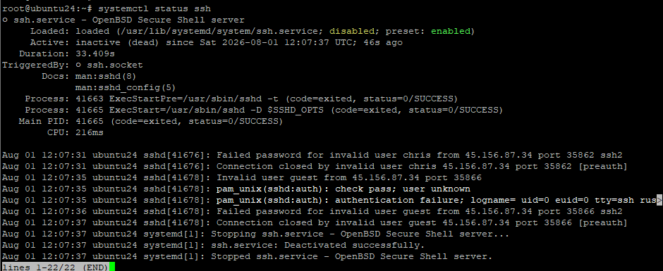 Проверка состояния службы SSH с помощью systemctl